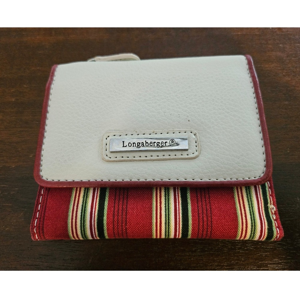 Longaberger Holiday Stripe Trifold Wallet Faux Leather Logo